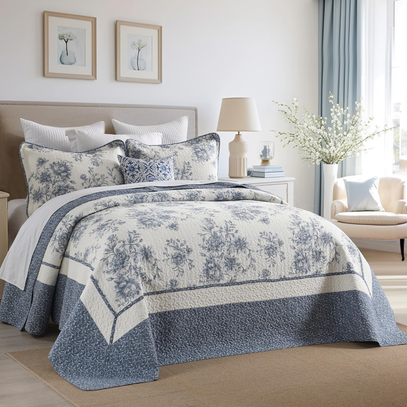 Photo 1 of QuiltMuse 100% Cotton Bedspread Queen Size 102x120 - Lightweight Oversized Queen Quilt with 2 Pillowshams, Farmhouse Reversible Floral 3 Pcs Quilted Bedding Set Coverlet for All Season, Blue/Cream