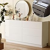 Bvldfamly White LED Dresser with Glass Top, 59 Inch Large Dresser for Bedroom, 6 Storage Drawers, Modern Wood Chest of Drawer