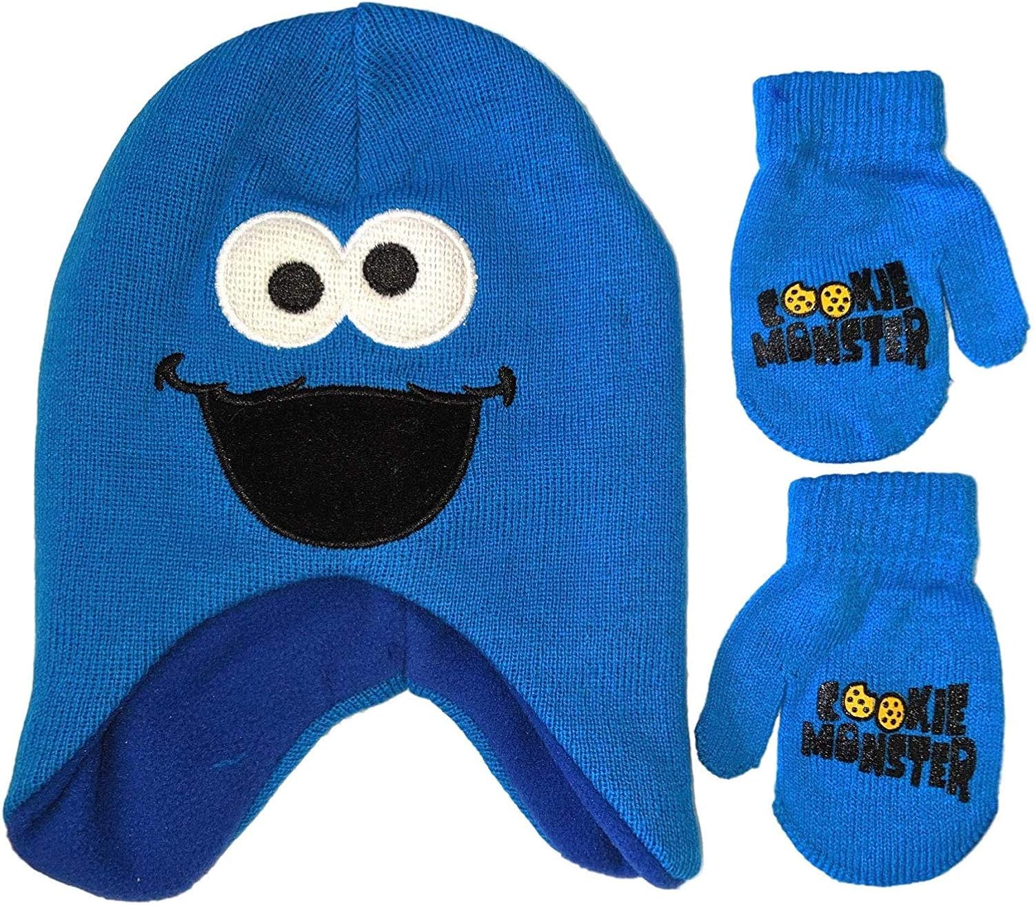Sesame Street Big Face Beanie Winter Hat and Mittens Cold Weather Set (Cookie Monster, Age 2-4): Clothing