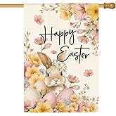 AVOIN colorlife Floral Happy Easter House Flag 28x40 Inch Double Sided Outside, Bunny Rabbit Eggs and Flowers Yard Outdoor Flag