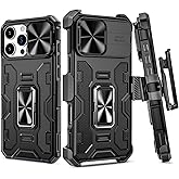 VEGO for iPhone 16 Pro Max Case, with Belt Clip Holster & Slide Camera Lens Protector & 360°Rotatable Ring Kickstand Military Grade Heavy Duty Protection Cover for 16 ProMax 5G 6.9 Inch - Black