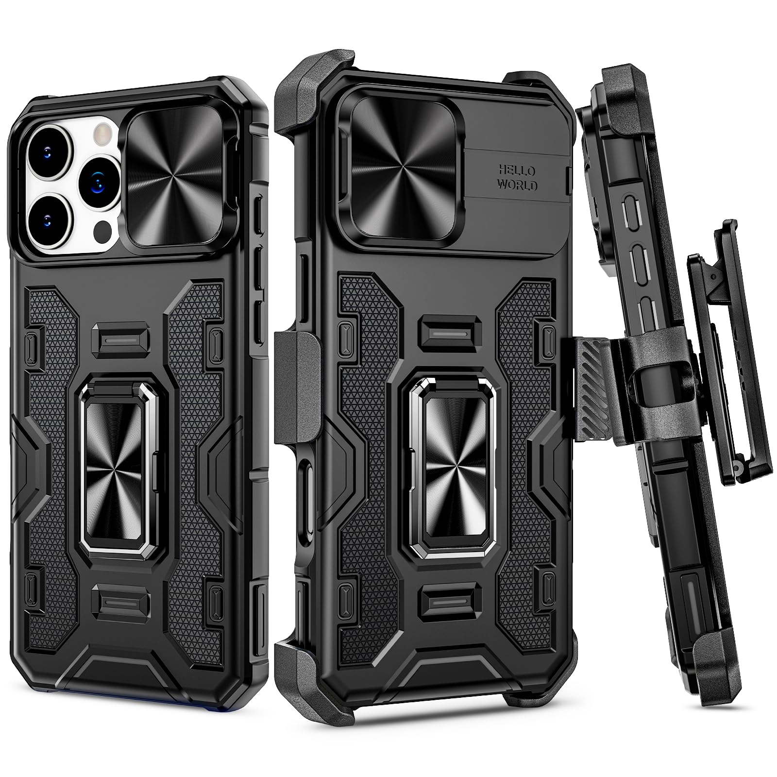 Photo 1 of VEGO for iPhone 16 Pro Max Case, with Belt Clip Holster & Slide Camera Lens Protector & 360°Rotatable Ring Kickstand Military Grade Heavy Duty Protection Cover for 16 ProMax 5G 6.9 Inch - Black