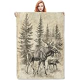 Vintage Moose Blanket Gifts for Adults Kids Soft Warm Lightweight Cozy Flannel Animal Rustic Pine Forest Throw Blankets for Bed Sofa Couch Living Room Decor 50x60in