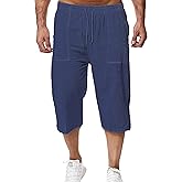 Wanzetaly Mens Casual Soft Linen Long Shorts Knee Length Sport Running Lounge Work Shorts Capri Pant
