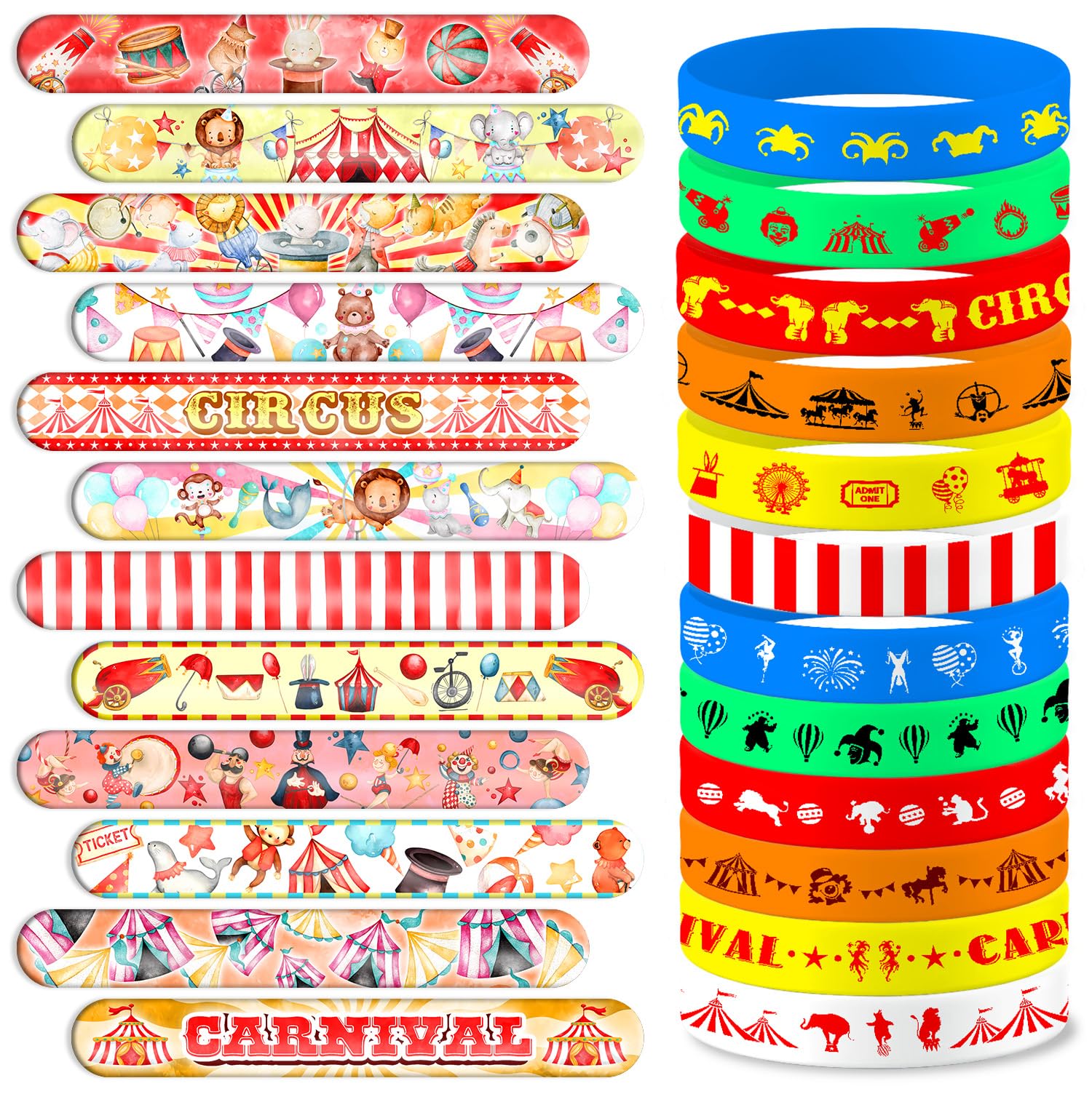 Photo 1 of 48PCS Carnival Party Bracelets Set | 24 Slap Bracelets + 24 Rubber Bracelets | Circus Clown Animal Magical Silicone Wristbands Birthday Party Supplies, Classroom Rewards, Carnival Prizes