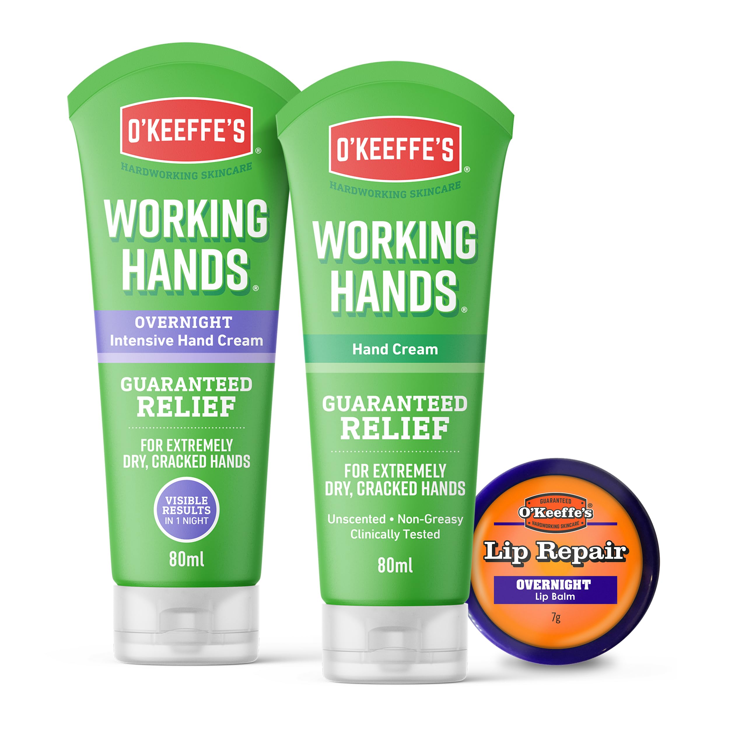 O'Keeffe's Working Hands Overnight 80ml, Working Hands 80ml & Lip Repair Overnight 7g (Triple Pack)
