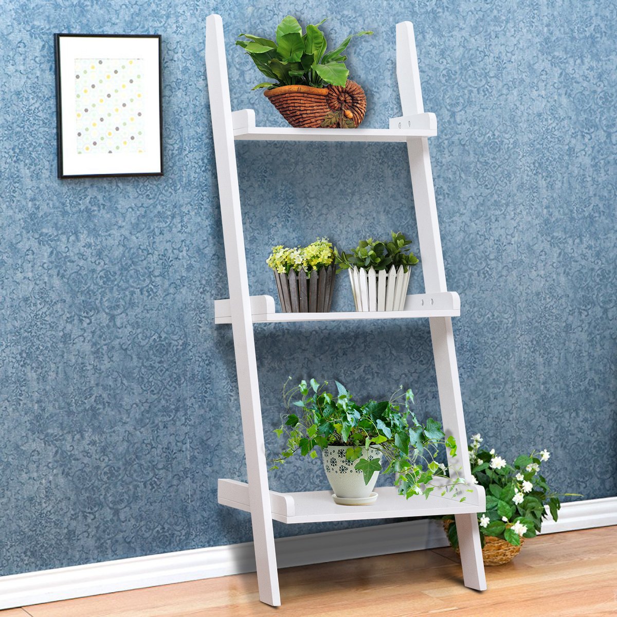 Giantex Ladder Shelf 3Tier WallLeaning Bookshelf Ladder Bookcase
