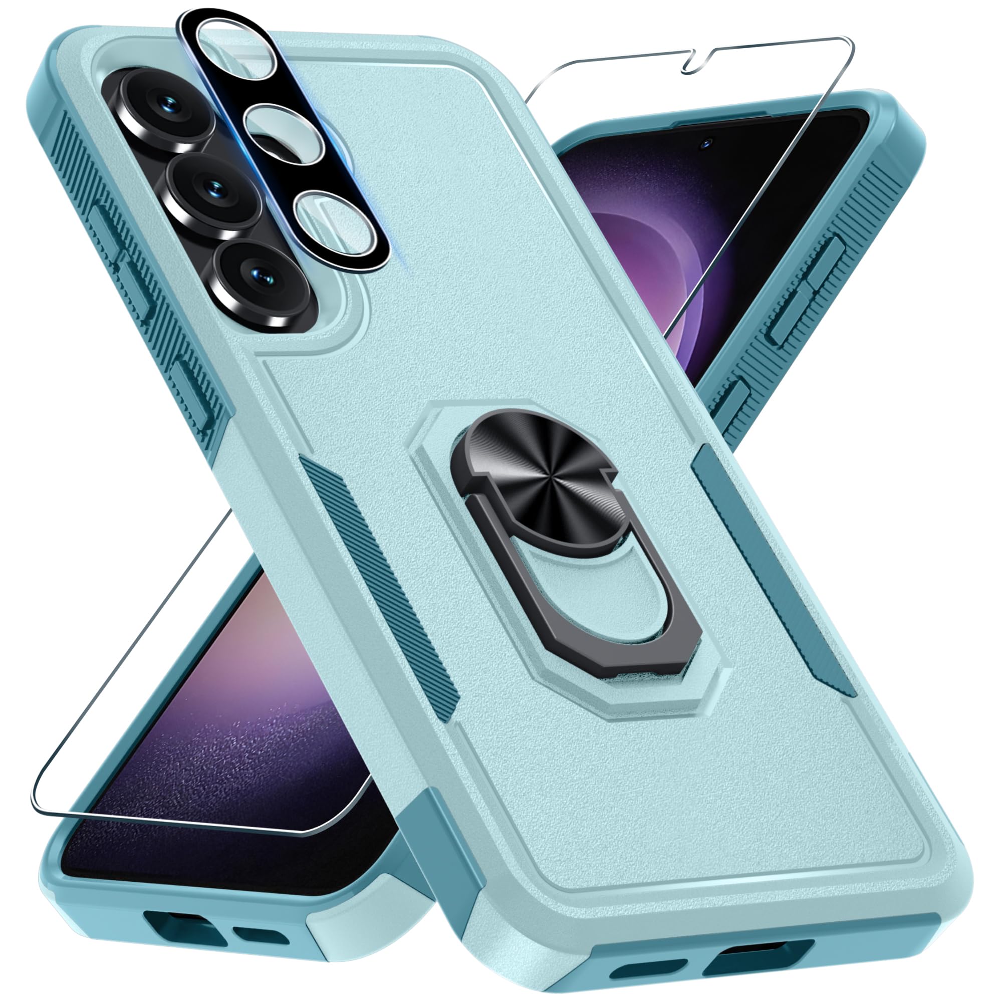 Janmitta for Samsung Galaxy S25 FE Case with Screen Protector+Camera Lens Protector,Heavy Duty Shockproof Full Body Protective Cover Built in Rotatable Metal Ring Holder Kickstand,2025 Mint Green