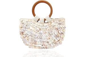 Miuco Shell Purse For Women Handmade Seashell Beaded Clutch Beach Wooden Top Handle Bag