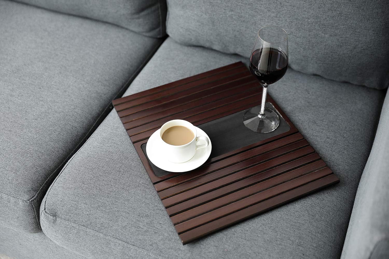 Sofa Arm Tray Table Slinky Secure/Flexible/Foldable Couch Tray Table with Non-Slip Mat for Drinks, Food, Phone or Remote. Sustainable Slinky Bamboo Design (16.5" L x 13.25" W x 0.4" H, Walnut Brown): Kitchen & Dining