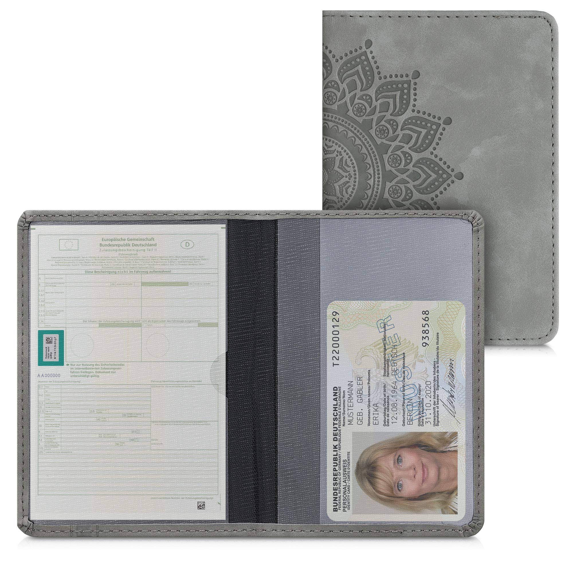kwmobile Registration and Insurance Holder - Car Document Holder for Vehicle Documents and Cards - PU Leather with Design - Grey