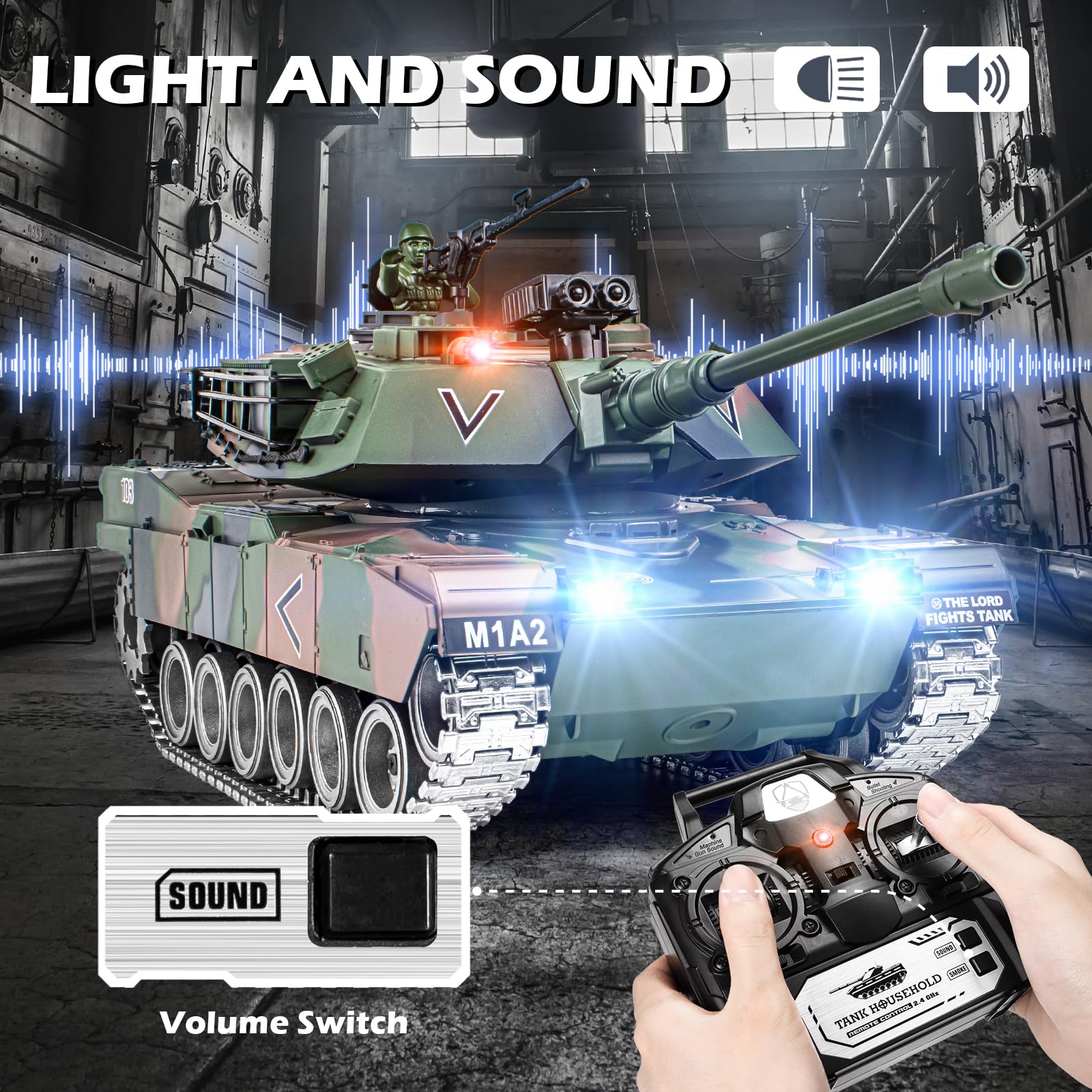 Supdex RC Tank, 1:18 Alloy Metal M1A2 Abrams Remote Control Model Army Toys, 2.4Ghz Military Tank with Smoke, Sound and Lights, RC Vehicle That Shoots BBS and Water Bombs for Adults and Kids