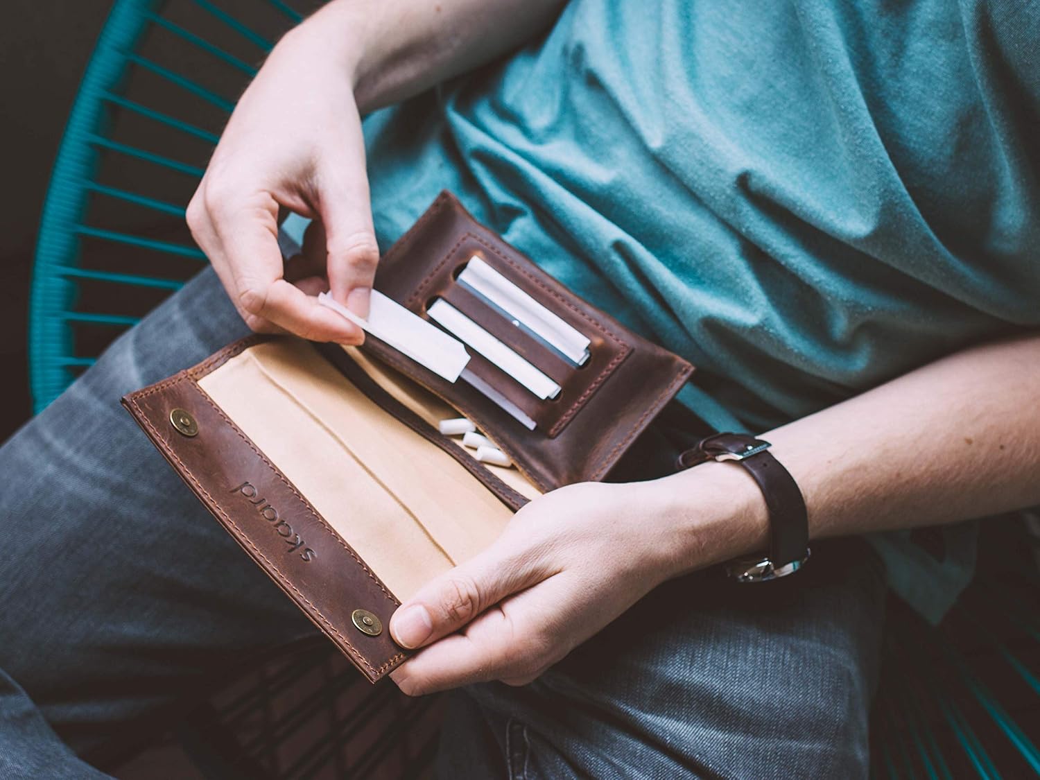 skaard Tobacco Pouch | Genuine Leather | Extra Pocket | Magnetic Closure |  Brown