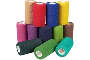 Juvale Cohesive Bandage Vet Wrap Rolls - Sprain & Strain Support Elastic Bandage & Vet Wrap for Dogs & Horses - Self-Adherent Dog Wound Care Tape - First Aid & Sports Tape - 12 Count, 4 in x 5 yd