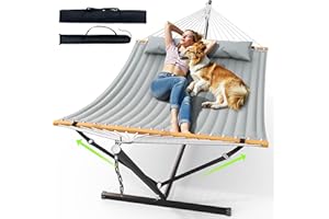 ANAGOO Double Hammock with Stand for Outdoor, Heavy Duty Portable Hammock with Adjustable Steel Stand for Patio, Garden, Beach, Backyard - Includes Carrying Bag,Dark Grey