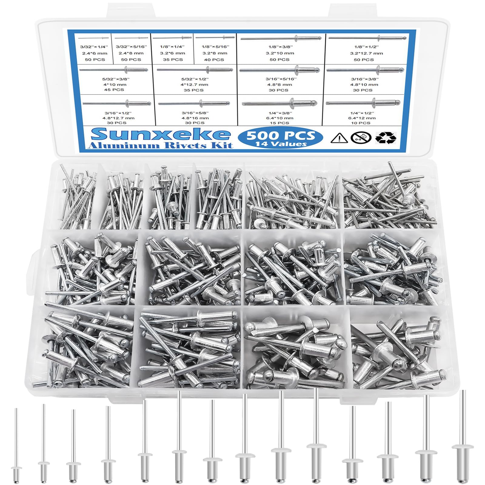 thumbnail image 2 of 500-Piece Aluminum Pop Rivet Assortment – 14 Sizes (3/32" To 1/4") Domed Head 2 of 6