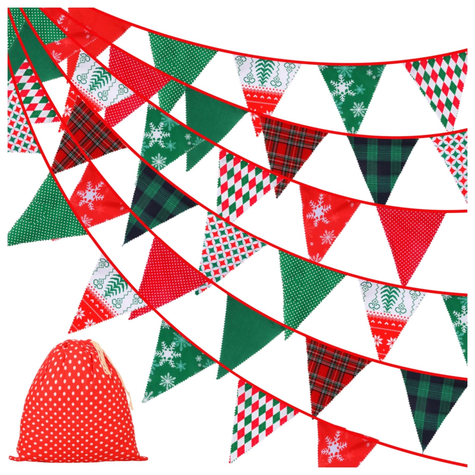 Tatuo 40 Feet Christmas Fabric Pennants Red Green White Banner Bunting Banner Triangle Flag Garland Vintage Bunting 42 Pcs Floral Triangle Flag Cloth Garland for Birthday Christmas Party Decoration