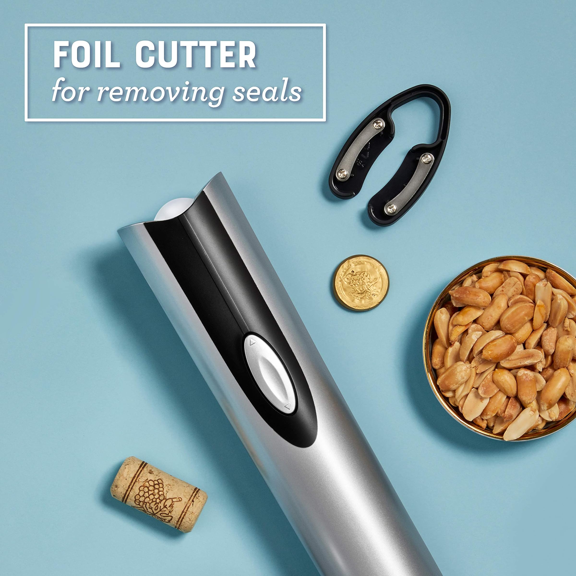 Oster FFP FPSTBW8207-S-AMZ Cordless Electric Wine Bottle Opener with Foil Cutter, Silver, 1 Pack