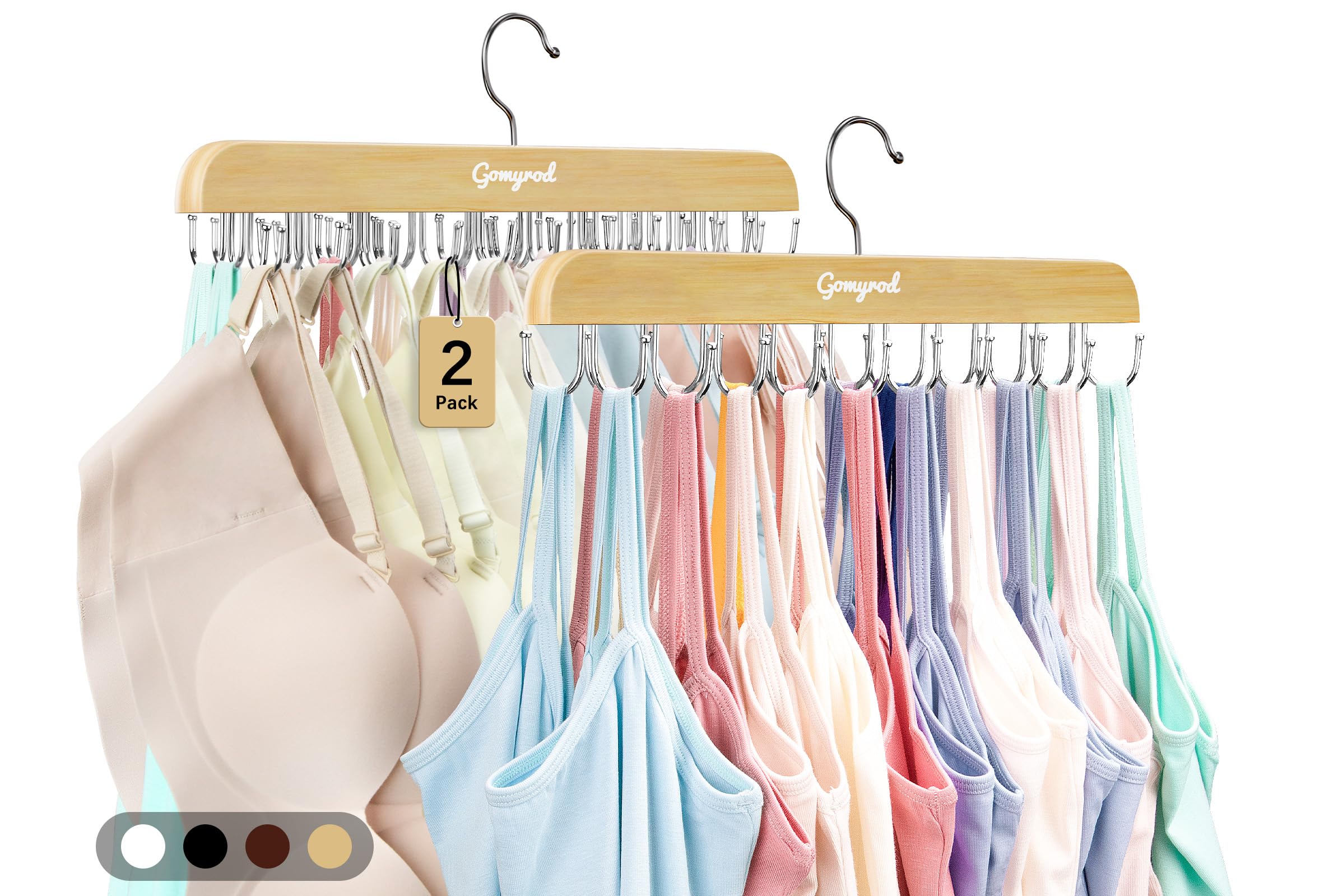 Gomyrod Bra Hanger for Closet, Tank Top Hangers 2 Pack w/20 Hooks Holds 40 Bras, Capacity Foldable Wood Space Saving Hanger, 360°Rotating Closet Organizers and Storage for Dorm & Apartment