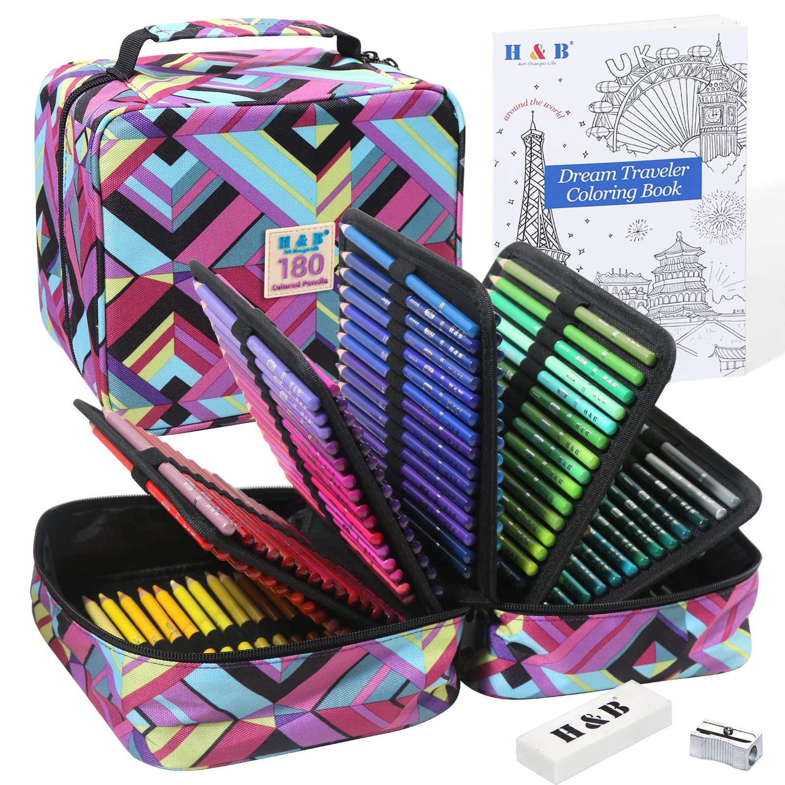 H & B Colouring Pencils 180Pcs Oil Based Coloured Pencils Drawing Set Professional Colouring Pencils Set with Colouring Book Art Sets for Adults Artists
