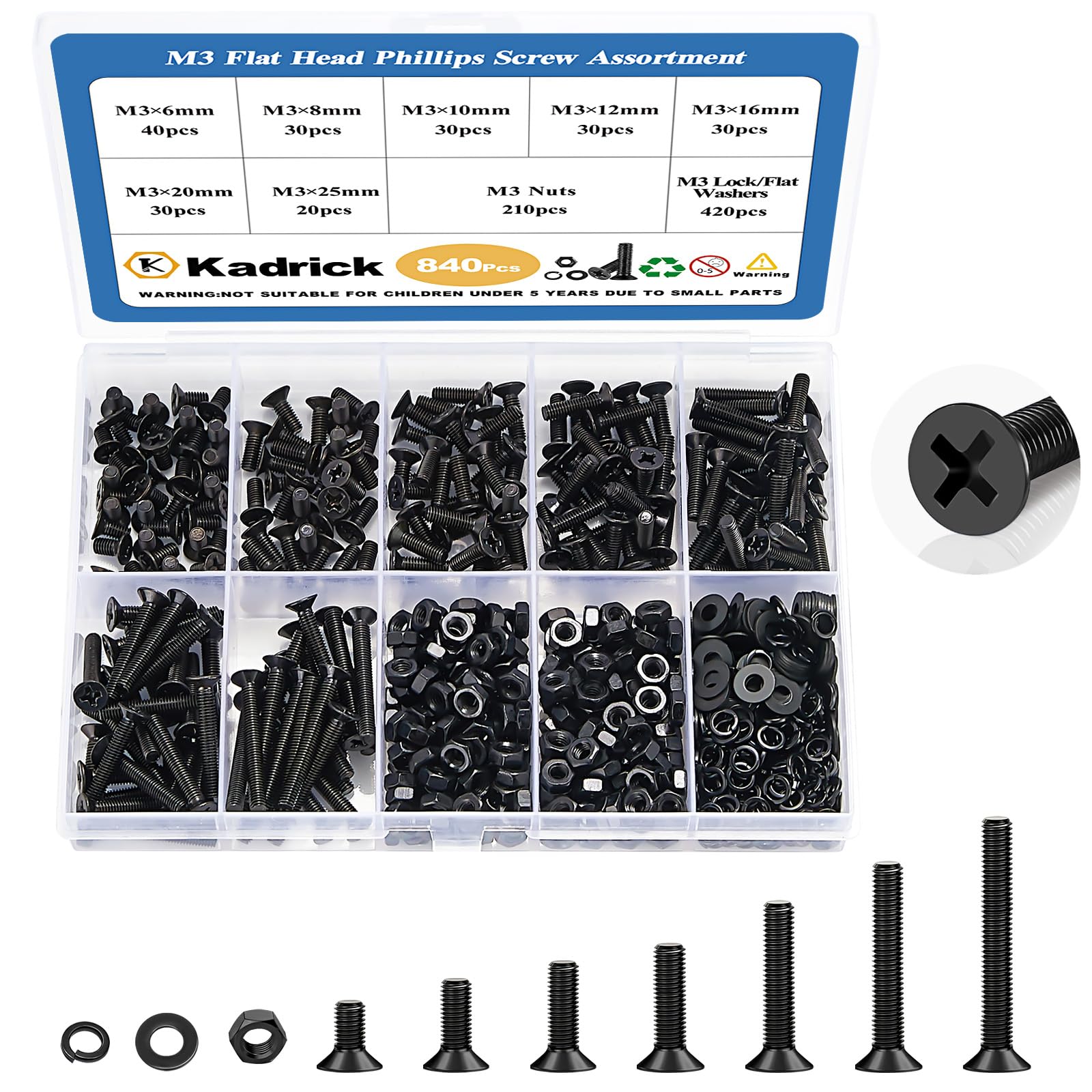 Photo 1 of KADRICK 840Pcs M3 Countersunk Screws,M3 Flat Head Screws,Phillips Bolts Nuts Washers Assortment Kit,Zinc Plated,Lenth of 6MM-25MM