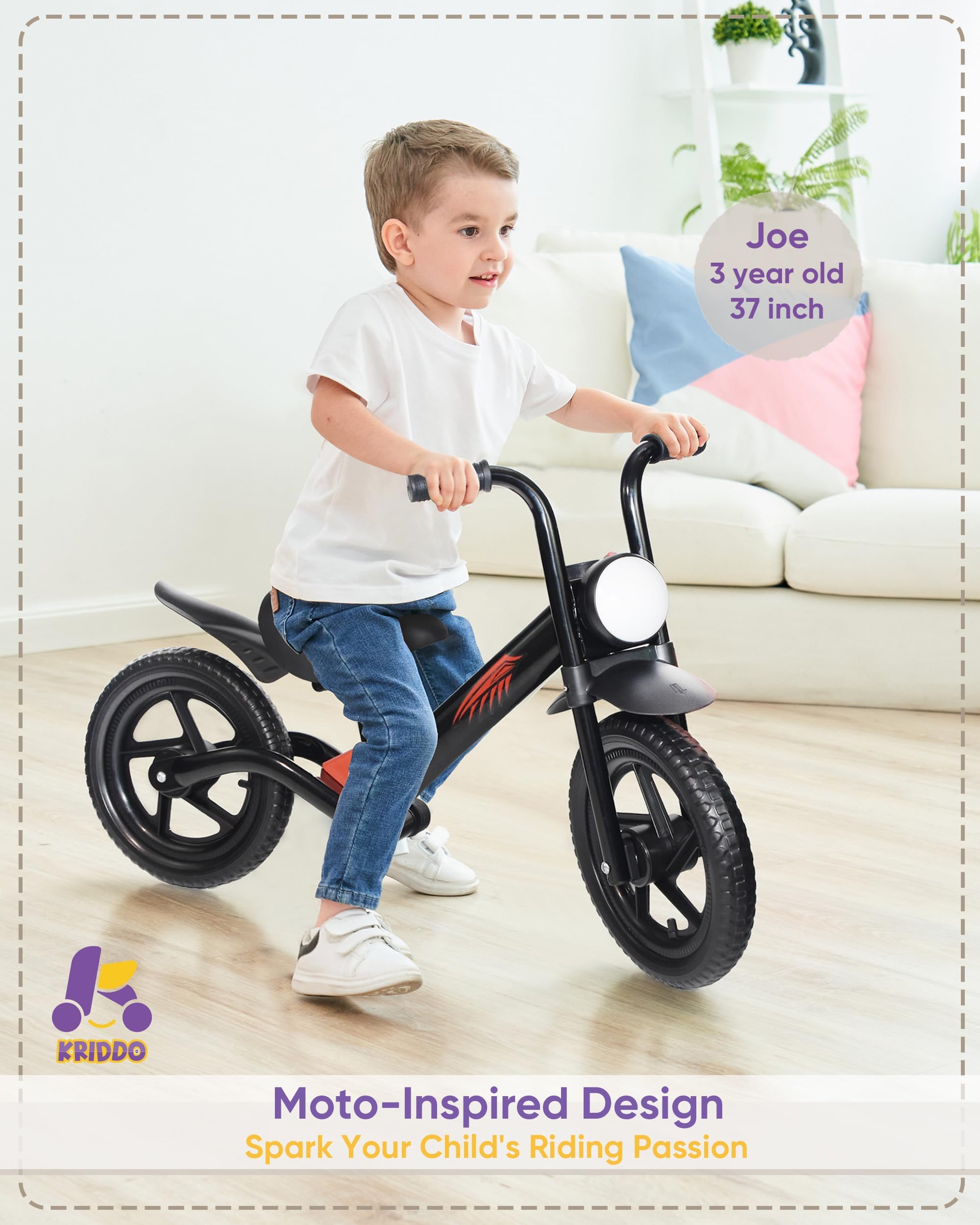 KRIDDO Kids Balance Bike for 2-5 Years, with Front Light, Upgraded Tires for All Terrain, Upgraded Bearing for Smooth and Stable Riding, Front and Rear Fenders, Adjustable Seat