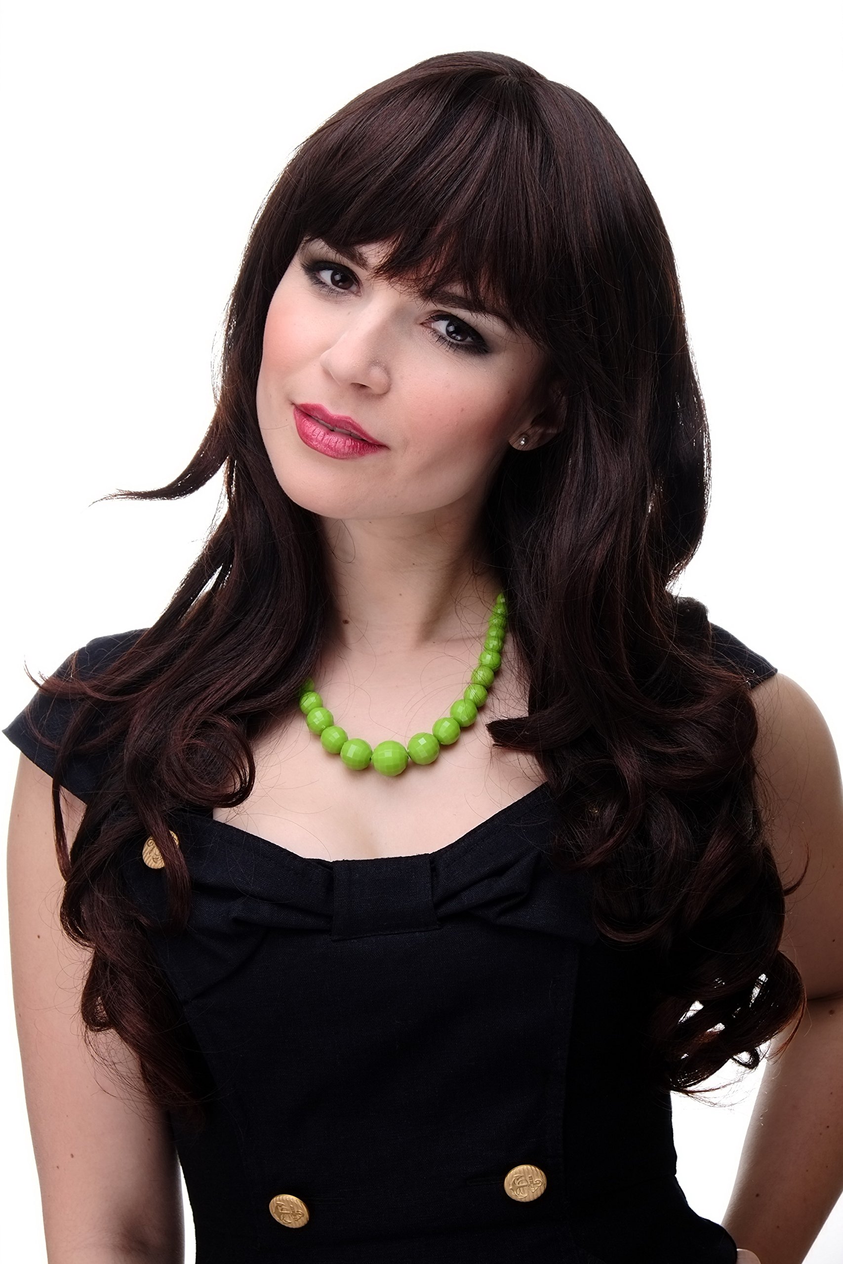 WIG ME UP 285-2T33 Lady Quality Wig very long beautiful curling ends straight top fringe bangs mahogany mixed brown approx 25inch