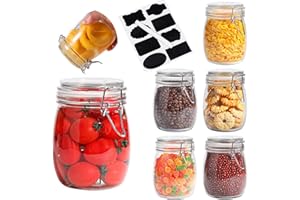 Glass Jar with Lid 25oz/750ml, 6 Pcs Round Clear Airtight Glass Jar with Stainless Steel Wire Clamp, Marker Stickers and Liqu