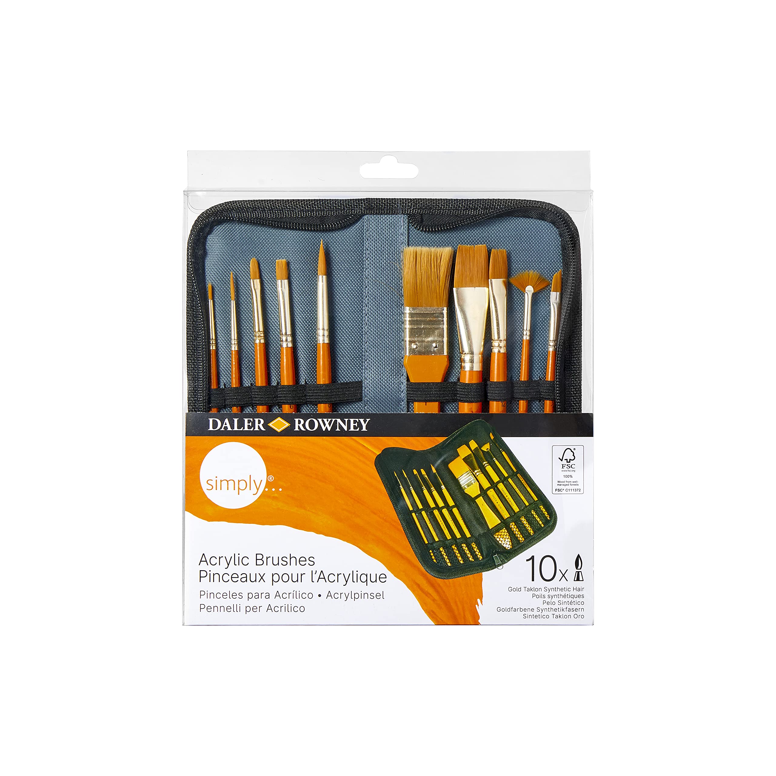 Daler-Rowney Simply Acrylic Brush Set in Zip Case, 10 x Assorted Gold Taklon Synthetic Hair Brushes, Short Handle, For Entry-Level Artists & Hobbyists