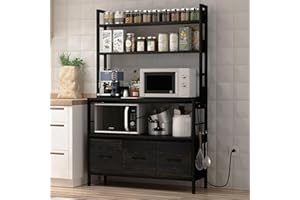 NAIYUFA Bakers Rack with Power Outlet,5-Tier Free Standing Kitchen Storage Shelf Bakers Rack with Baskets,Industrial Microwave Oven Stand,Metal Kitchen Rack Organizer with Hooks(Black)