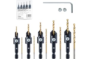 toolant Countersink Drill Bit Set,5Pcs Counter Sink Drill Bit Set for Wood,#4, #6, #8, #10, #12, High-Speed Steel 5 Spare Bits Adjustable for Woodworking and Carpentry, Pilot Screw Hole Set