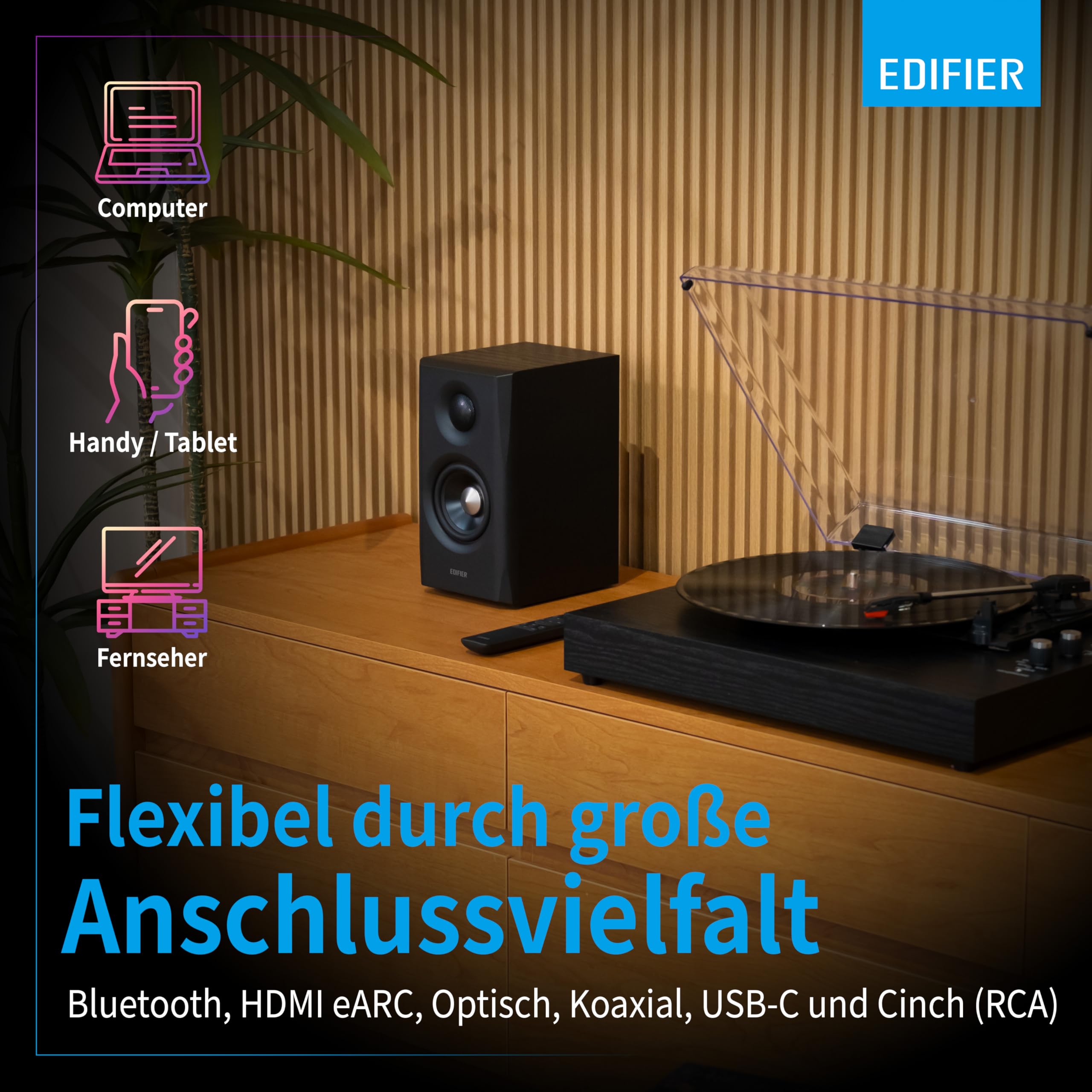 Edifier S355DB 2.1 Hi‑Res Lautsprechersystem – 150W RMS, 5.8GHz Wireless Subwoofer, HDMI eARC, LDAC Bluetooth 6.0, USB‑C, Optisch, Coaxial, Tri‑Amp DSP, Premium Design (Schwarz) 6