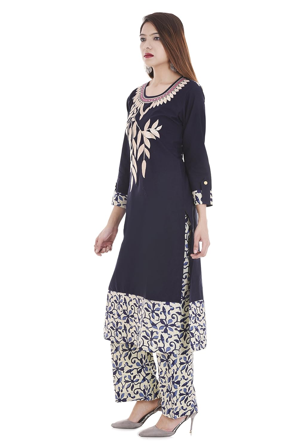 rajmandirfabrics women's cotton embroidered kurti with printed palazzo (pk1015567_blue)