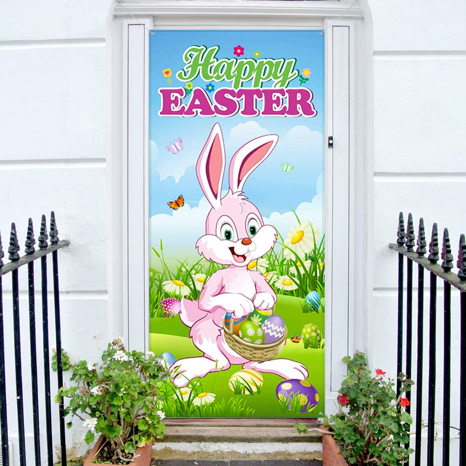 Kalolary Happy Easter House Flags Large Bunny Door Banner Party Accessory Door Hanging Decoration Sign Hanging for Easter Party Holiday Wedding Garden Flag Party Outdoor Outside Decor (78" X 35")