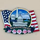 Washington DC 3D Polyresin Magnet &ndash; Capitol, Washington Monument &amp; White House with American Flags | Hand-Painted Souvenir Fridge Magnet, 3.5" Paralelogram Flag Pano