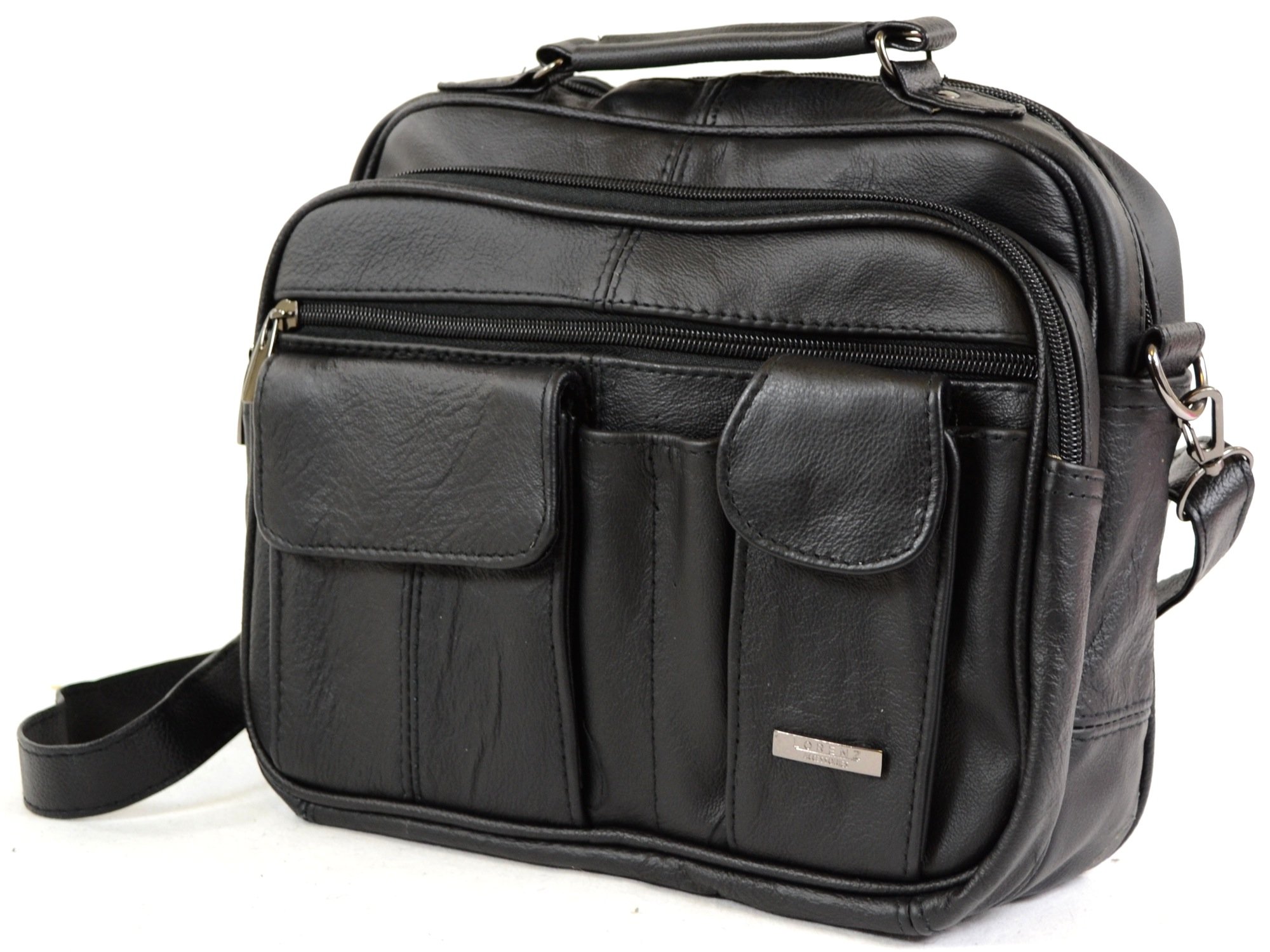 Leather Travel Bag with Carry Handle, Detachable Shoulder Strap and Mobile Phone Pocket (Black)