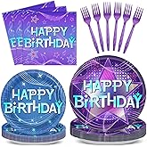100Pcs K-Pop Singer Birthday Decorations Magical Music Themed Party Paper Plates and Napkins Blue Purple Glitter Tableware Set for Girls Boys Happy Birthday Party Baby Shower Supplies Serves 25