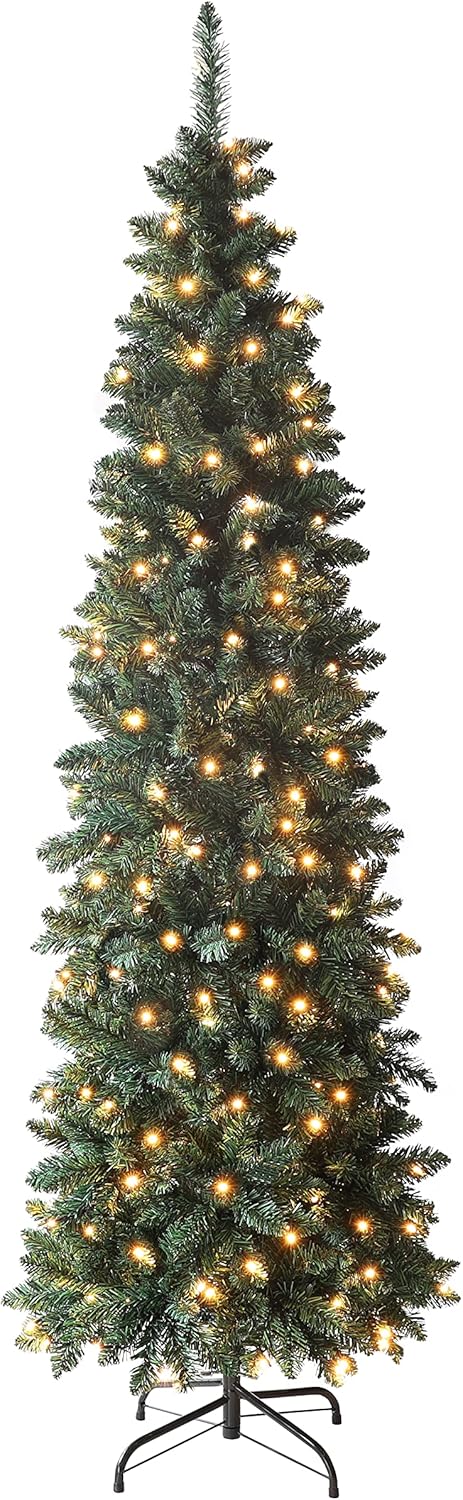 Trees - MUPATER 7.5ft Pencil Christmas Tree, Pre-lit Slim with Lights, Artificial Skinny Holiday Christmas Tree Home Decoration with Metal Stand for Office, Party(Green)