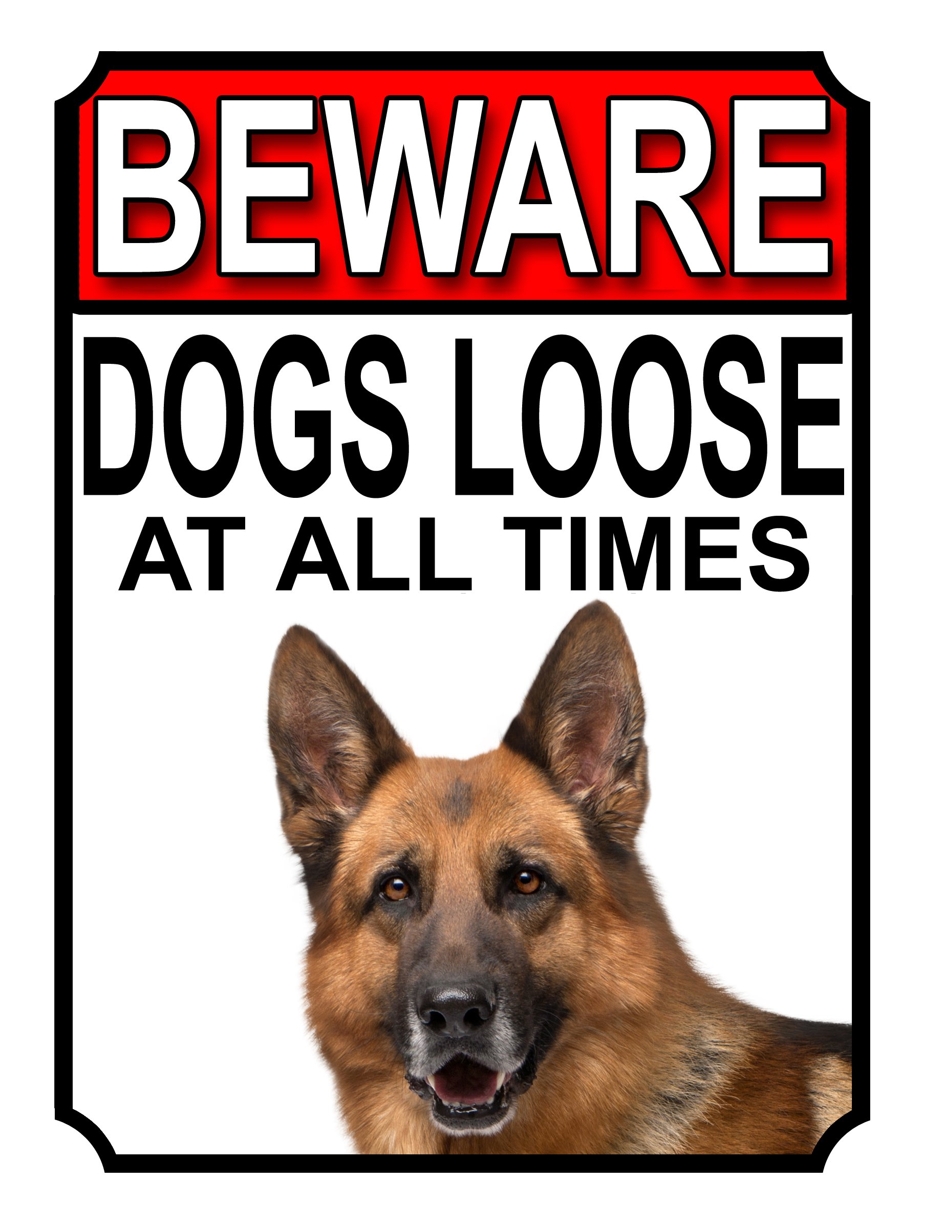 Shawprint BEWARE DOGS LOOSE AT ALL TIMES METAL SIGN GERMAN SHEPHERD (10" x 8")