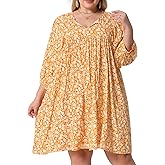 Agnes Orinda Plus Size Summer Dress for Womens Drawstring V Neck Babydoll Midi Flowy Dresses Sundress