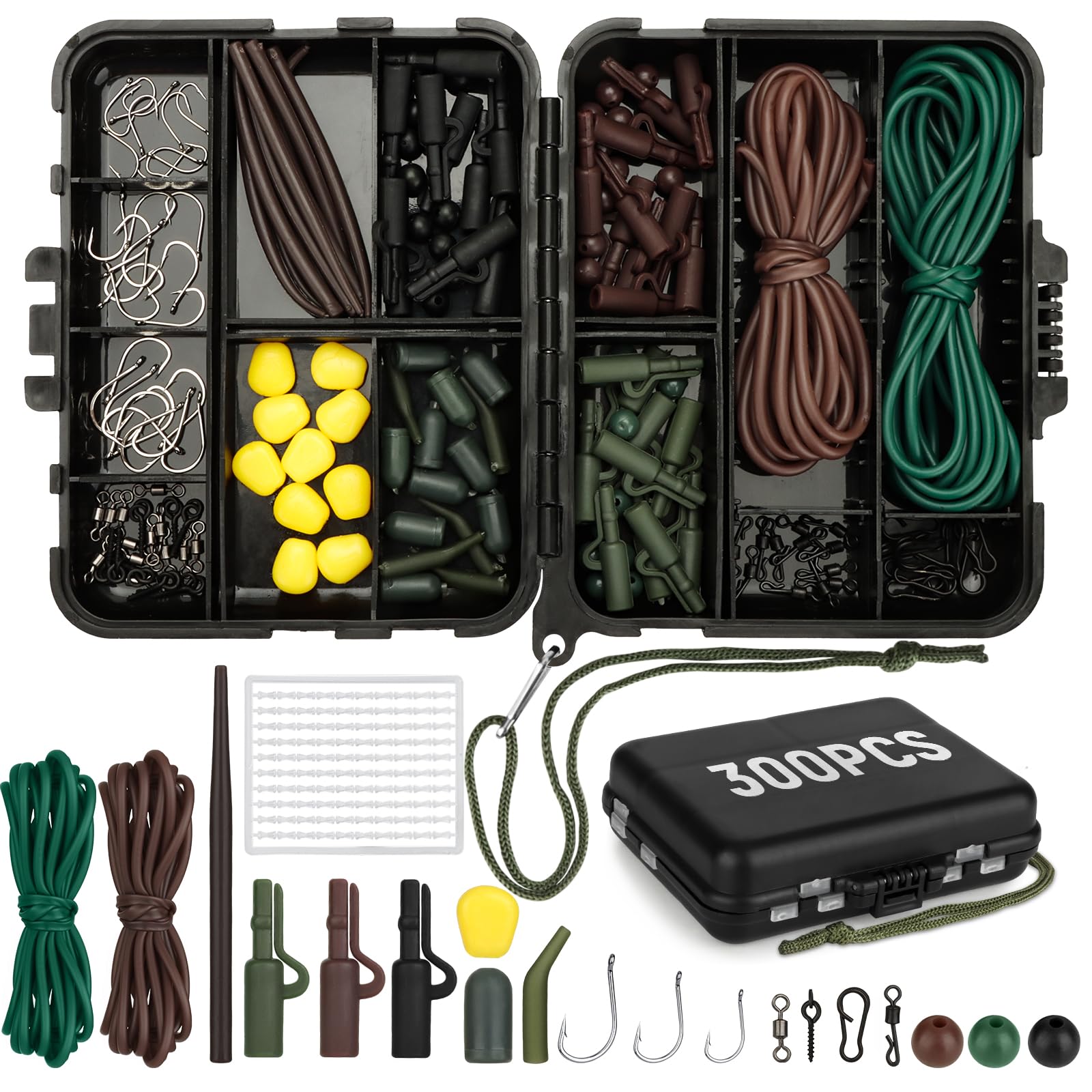 Realure 300 Pcs/20 Types Carp Fishing Tackle Box Set - Including Beads, Rig Tubing, Corn Kernels, Hooks, Safety Clips, Tapered Sleeves, Barrel Swivels, Bait Screw, Line Aligner Sleeves