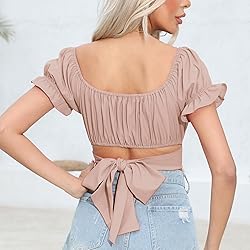 COOUFE Women's Crop Tops Ruffle Short Sleeve Tie