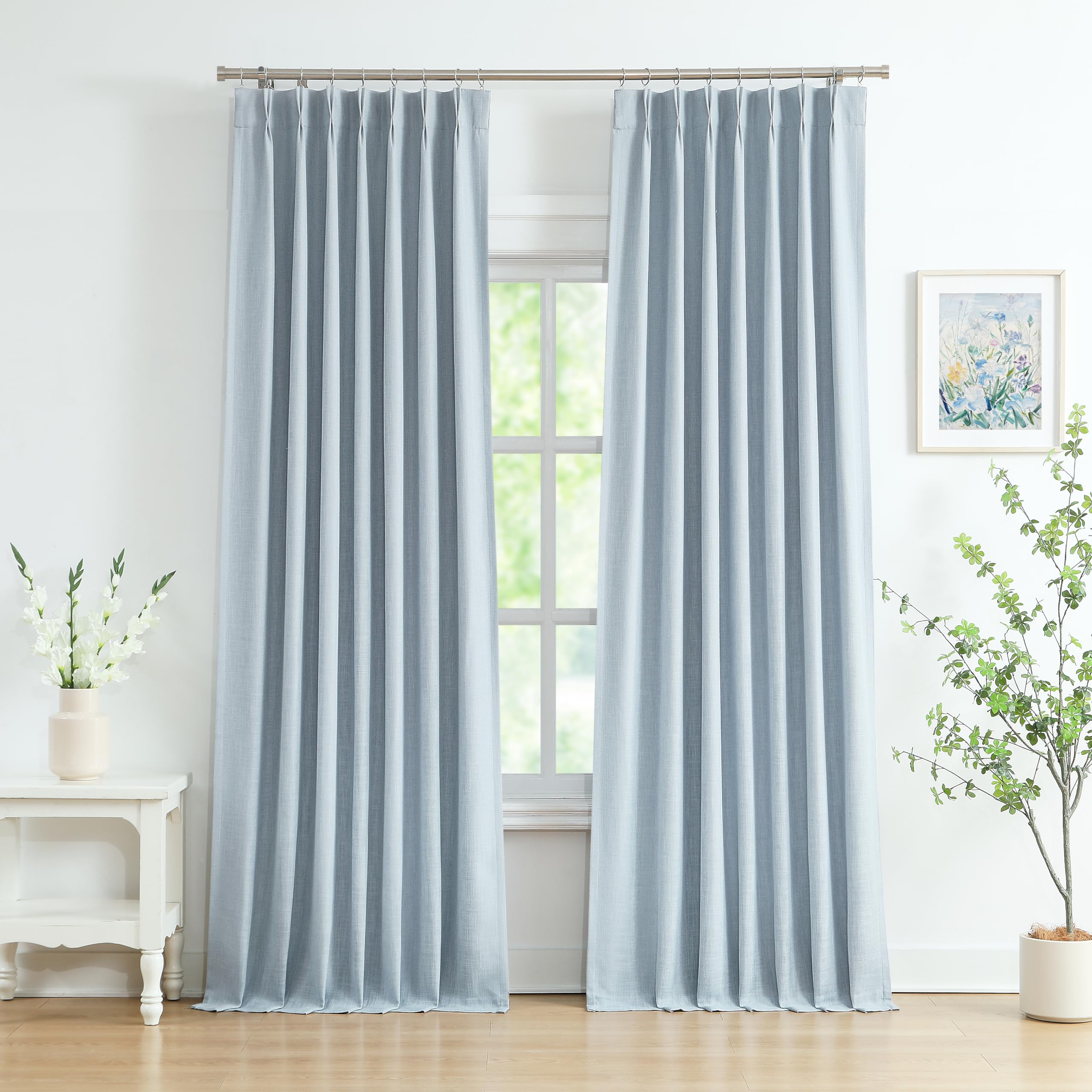 Photo 1 of WEST LAKE Extra Long Dusty Blue Bailey Pinch Pleated Full Blackout Curtains with Liners 108 Inches Length,Linen Textured Bedroom Living Room Drapes,Farmhouse Backtab Window Treatment,40" Wx108 Lx2