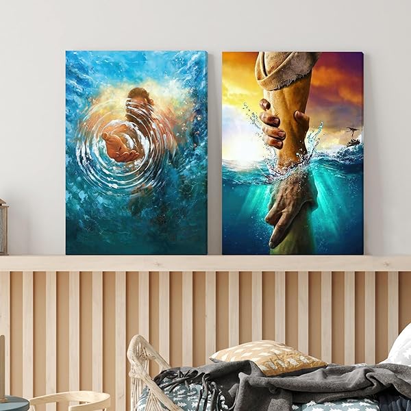 FRAMED JESUS CHRIST CANVAS WALL ART THE HAND OF GOD JESUS REACHING INTO WATER CHRISTIAN PAINTING PRINTS BIBLICAL WALL DECOR RELIGIOUS ROOM DECOR FOR CHURCH PRAYER ROOM SCHOOLS HOSPITALS 16″ X 24″