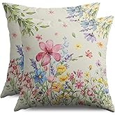 Spring Floral Pillow Covers 18X18 Set of 2, Pink Blue Yellow Green Colorful Watercolor Flower Easter Decorative Throw Pillow Covers Outdoor Seasonal Farmhouse Cushion Cases Couch Sofa Bed Decor
