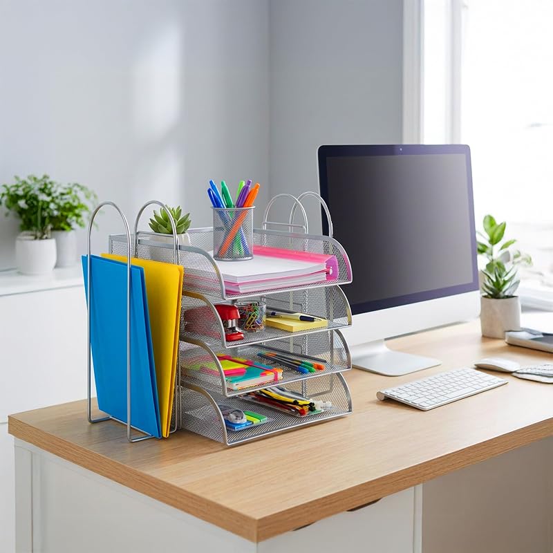 Tabuleiro de Documentos Metálico A4, 4 níveis, 2 estantes para carregadores, 33 x 40,5 x 33,5 cm, Organizador, prateado