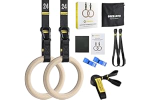 PACEARTH Gymnastics Rings 32mm Wooden Olympic Rings Support 1500lbs Locked Carabiners 9ft Double-Layer Numbered Straps Non-Slip Gym Rings with Foot Straps Door Anchor for Home Gym Full Body Workout