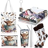 Tiangrid 6 Pcs Valentines Highland Cow Gifts for Women Include 20 oz Stainless Steel Tumbler with Lid and Straw Cosmetic Bag Throw Blanket Keychain Socks Handbag for Women Girls(Multicolor)