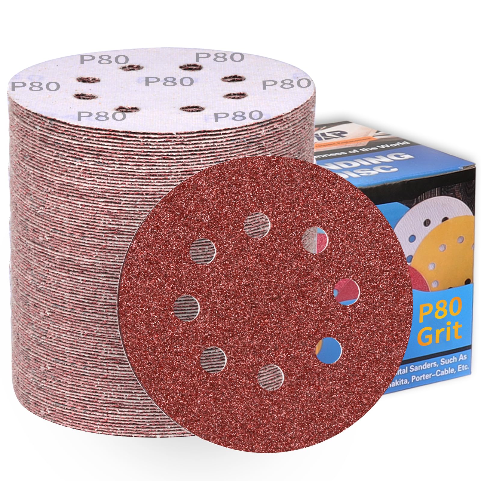 100Pcs 125mm Sanding Discs 80 Grit 8-Holes Hook and Loop Sanding Pads for Random Orbital Sander Sandpaper Sheet-ALPXUXP — image 1