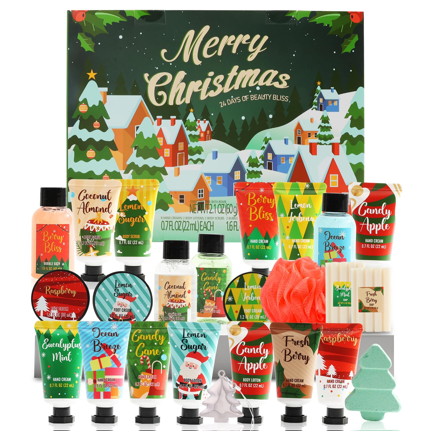 2025 Advent Calendar Christmas Gifts For Women, 24pc Spa Sets For Her, Hand &Foot Cream, Bubble Bath,Shower Gel, Body Lotion, Soap, Christmas Tree Bath Bomb, Christmas Countdown Calendar (Green)
